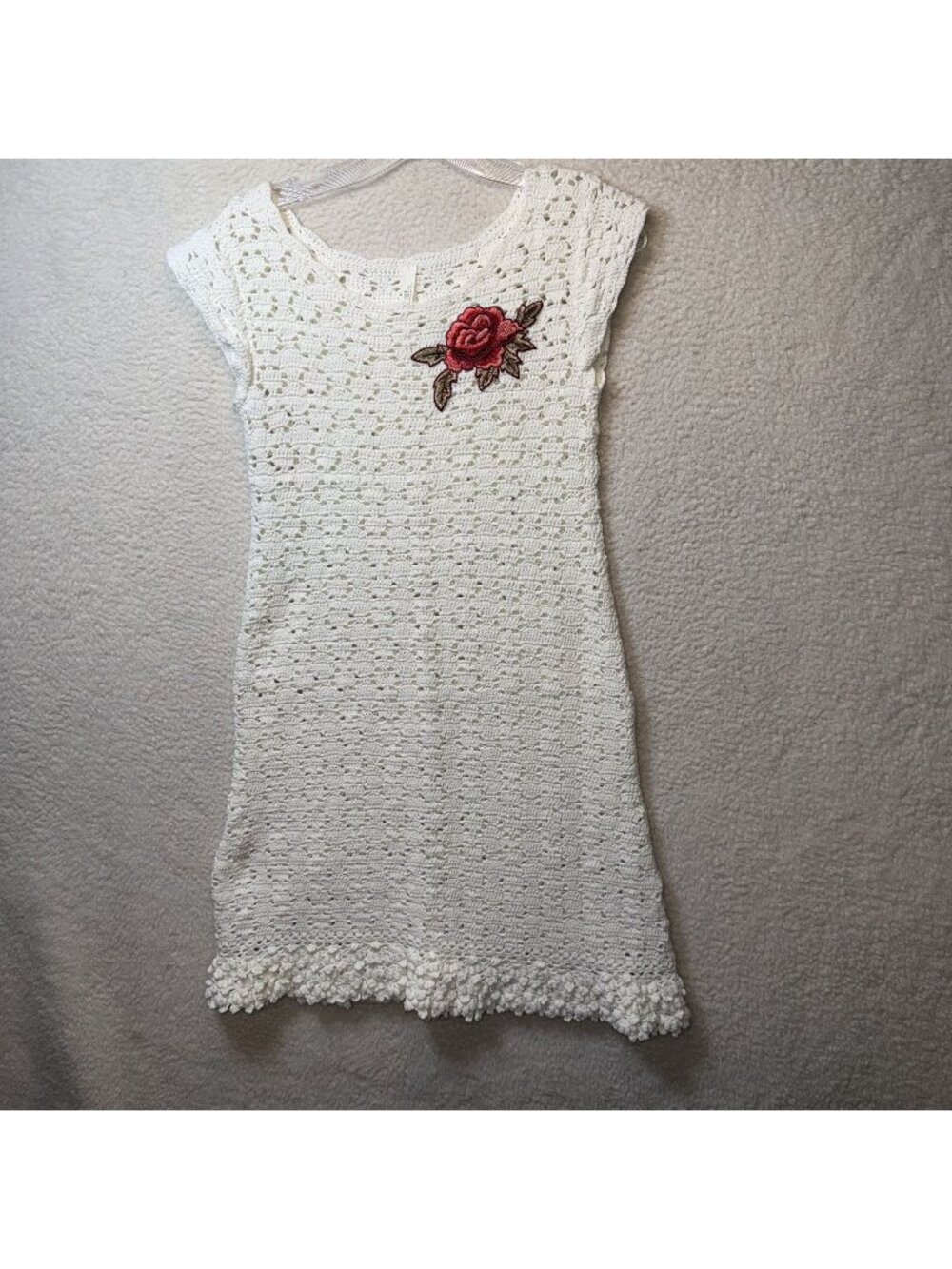 Anthropologie White Crochet‎ Dress Red Rose Embroidery XS Feminine Boho Style